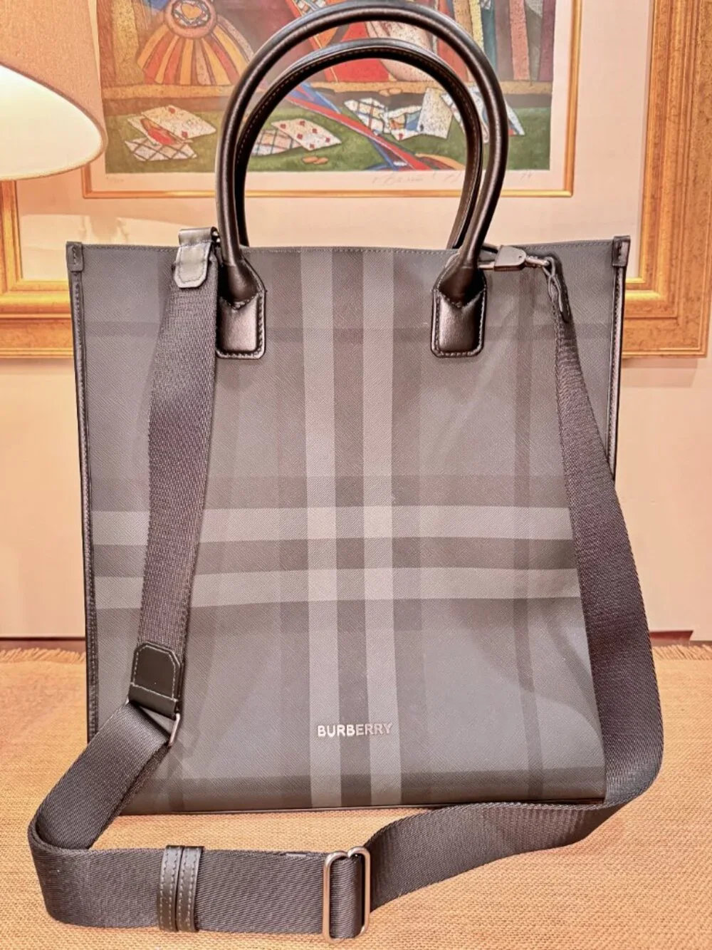 Burberry Slim Vertical Denny Tote in Charcoal Check
